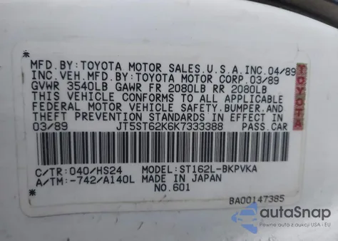 1989 Toyota Celica Gt z USA, uszkodzony, nr VIN JT5ST62K6K7333388